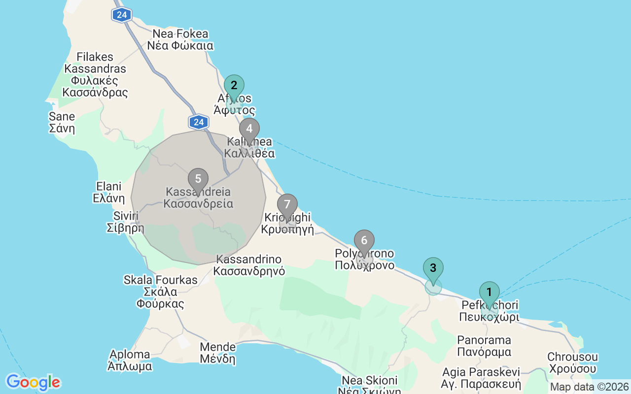 Map of Airbnb guest-review hotspots in Kassandra East Coast with location premium circles