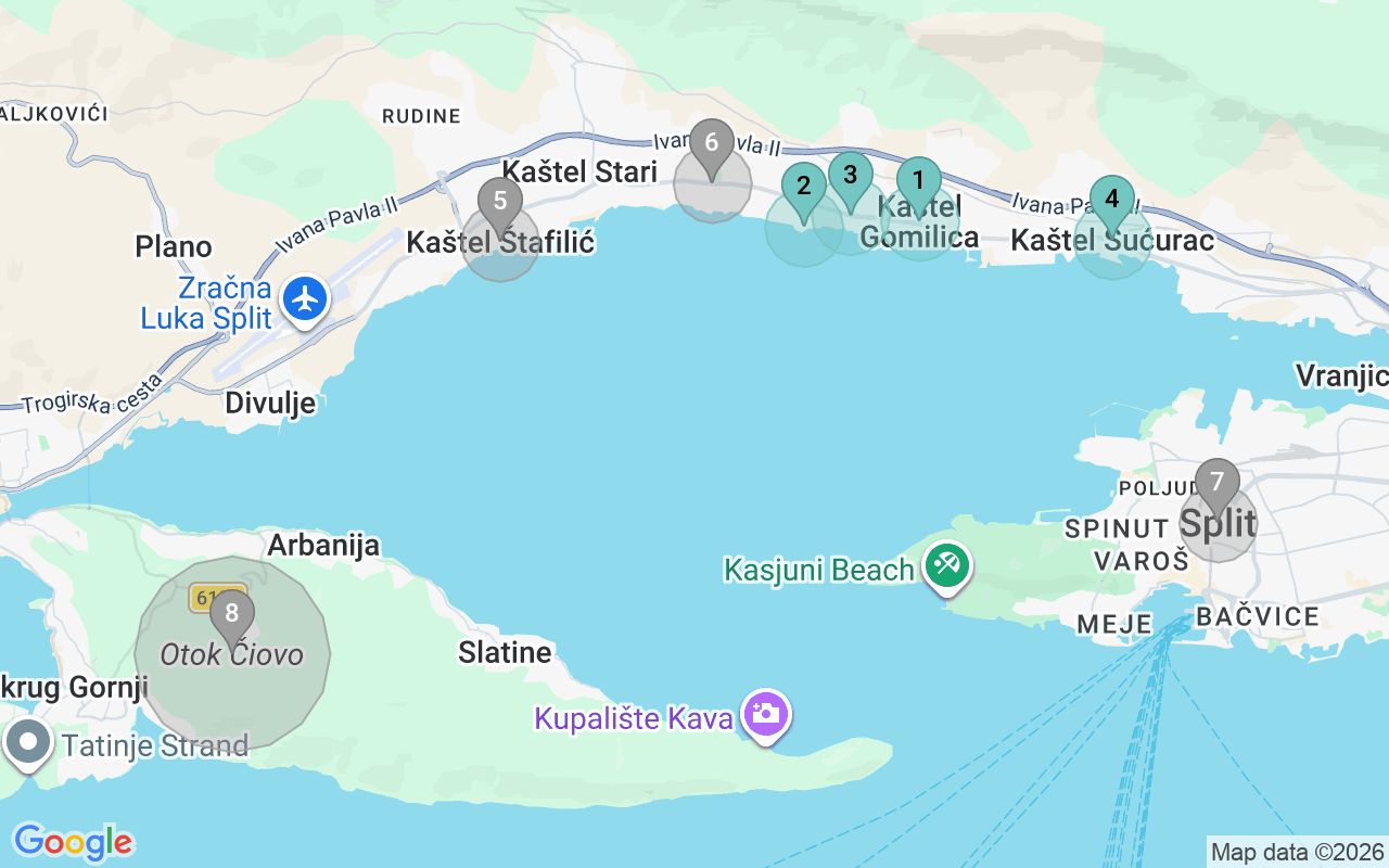 Map of Airbnb guest-review hotspots in Kastela with location premium circles