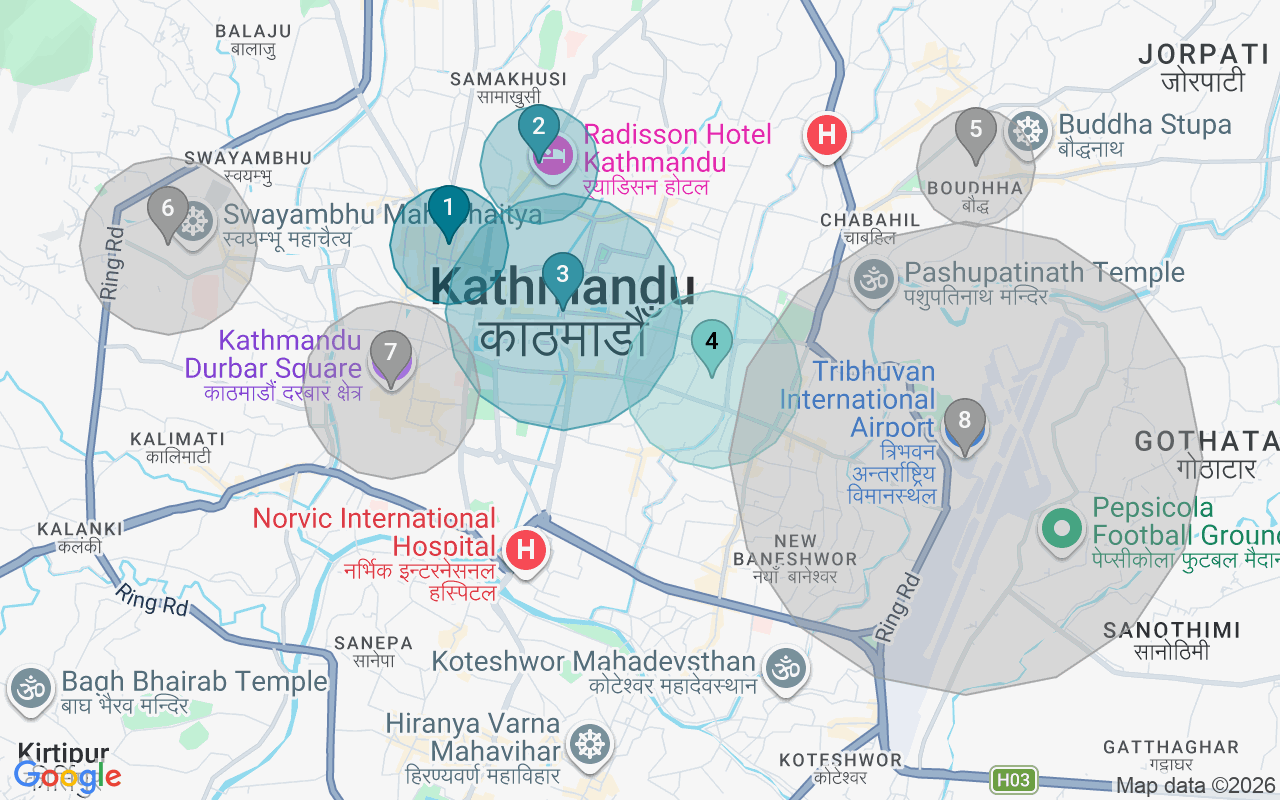 Map of Airbnb guest-review hotspots in Kathmandu with location premium circles