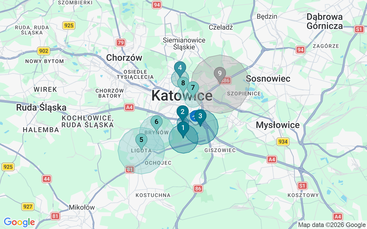 Map of Airbnb guest-review hotspots in Katowice with location premium circles