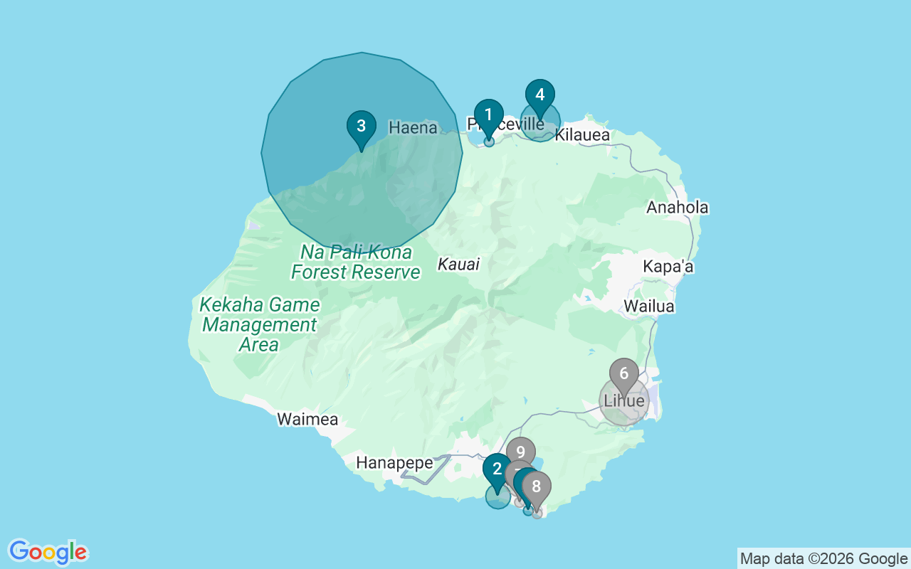 Map of Airbnb guest-review hotspots in Kaui with location premium circles