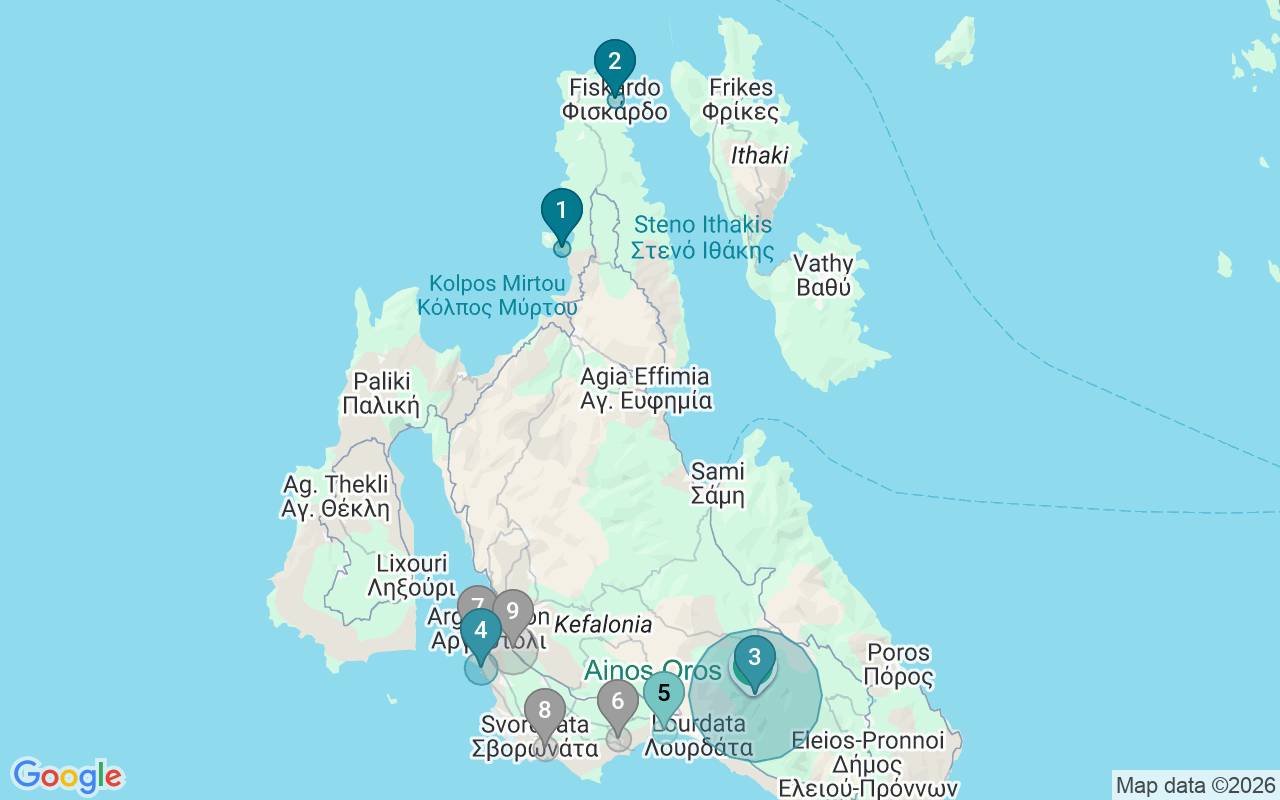 Map of Airbnb guest-review hotspots in Kefalonia with location premium circles