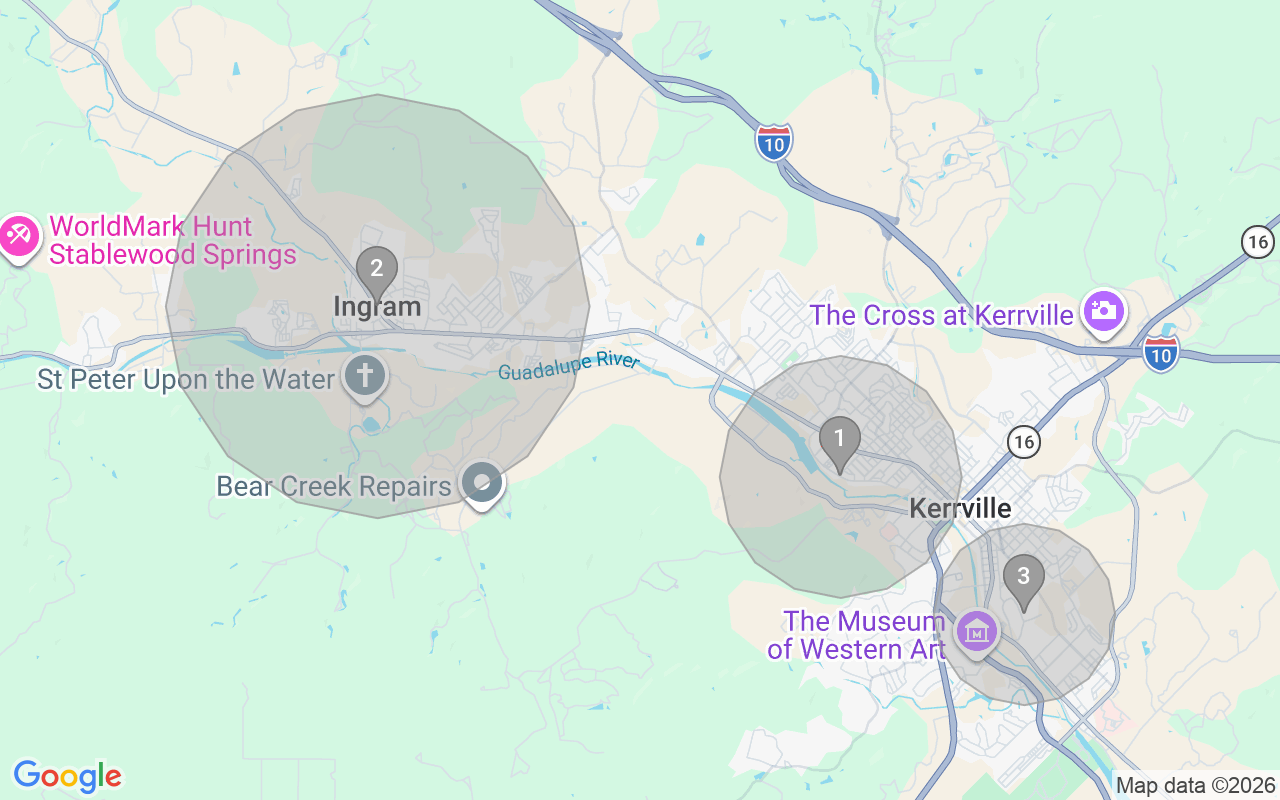 Map of Airbnb guest-review hotspots in Kerrville with location premium circles