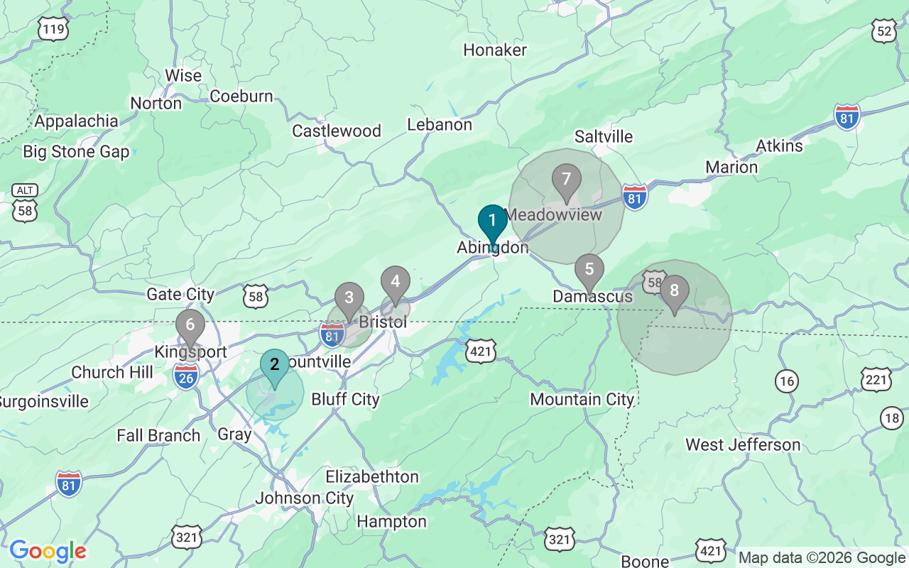 Map of Airbnb guest-review hotspots in Kingsport-Bristol with location premium circles