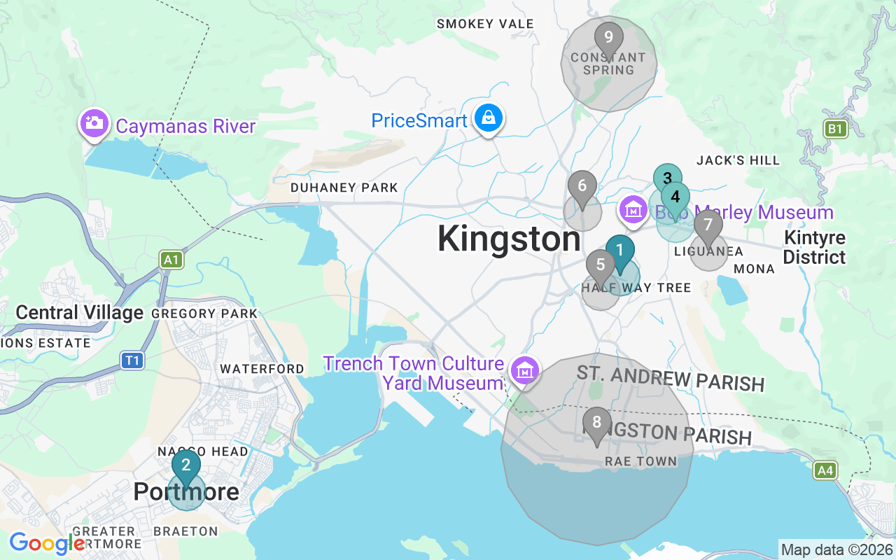 Map of Airbnb guest-review hotspots in Kingston with location premium circles
