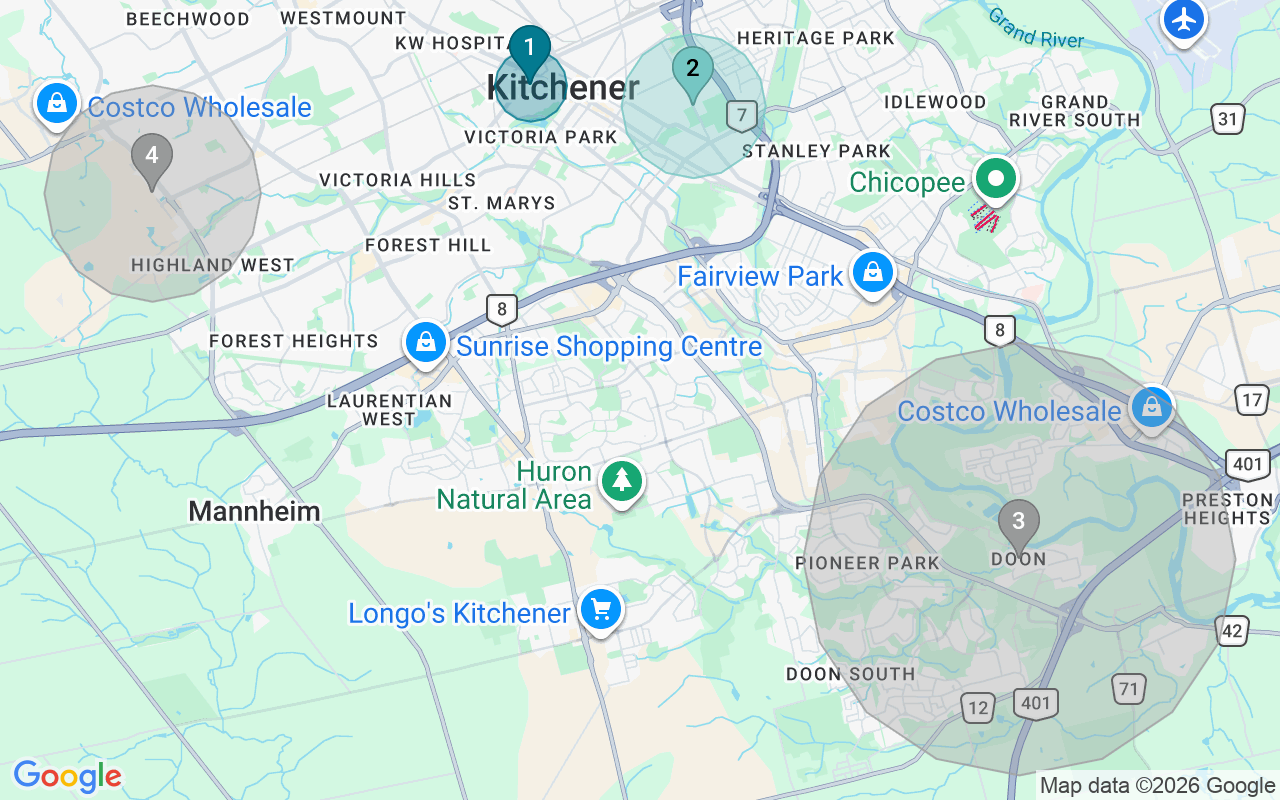 Map of Airbnb guest-review hotspots in Kitchener with location premium circles