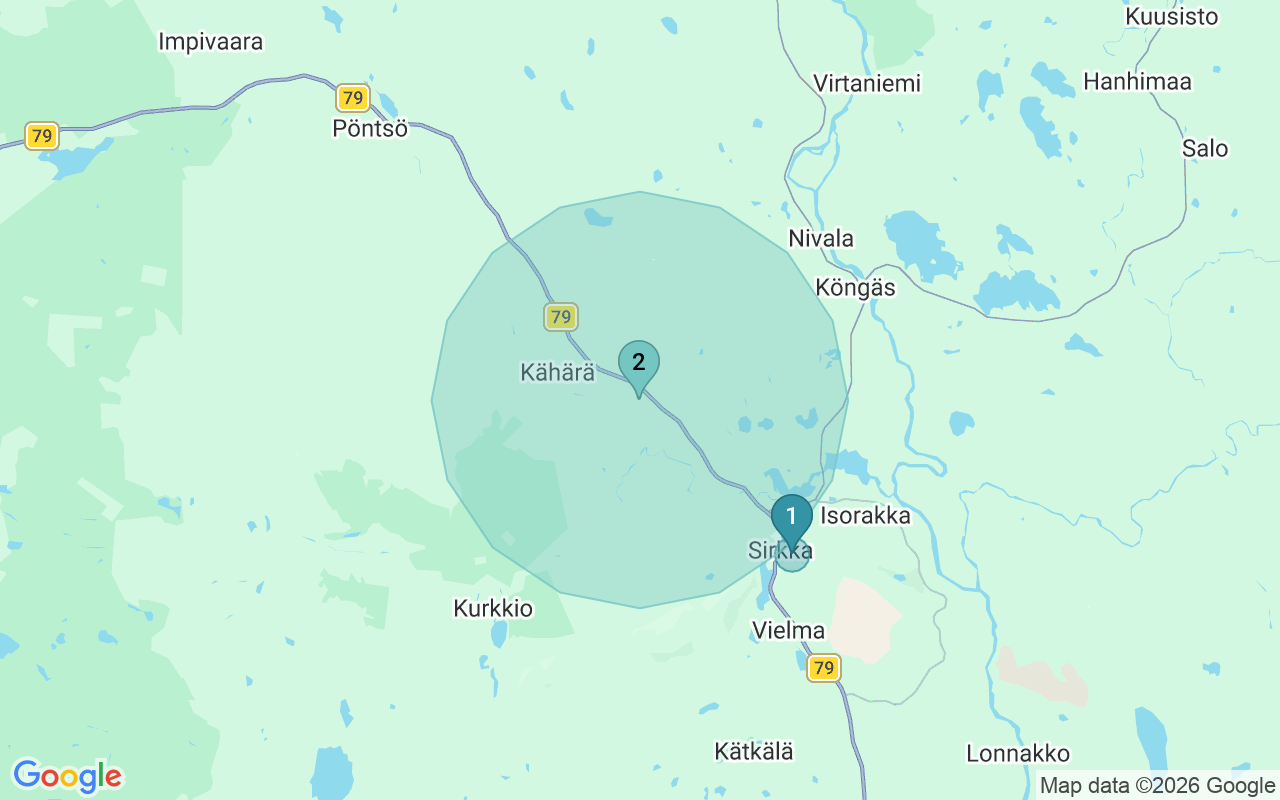 Map of Airbnb guest-review hotspots in Kittila with location premium circles