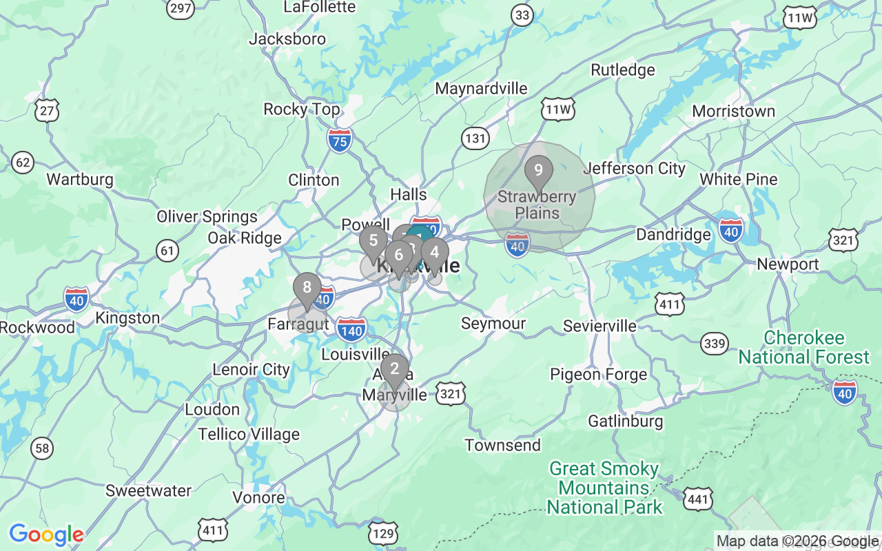 Map of Airbnb guest-review hotspots in Knoxville with location premium circles