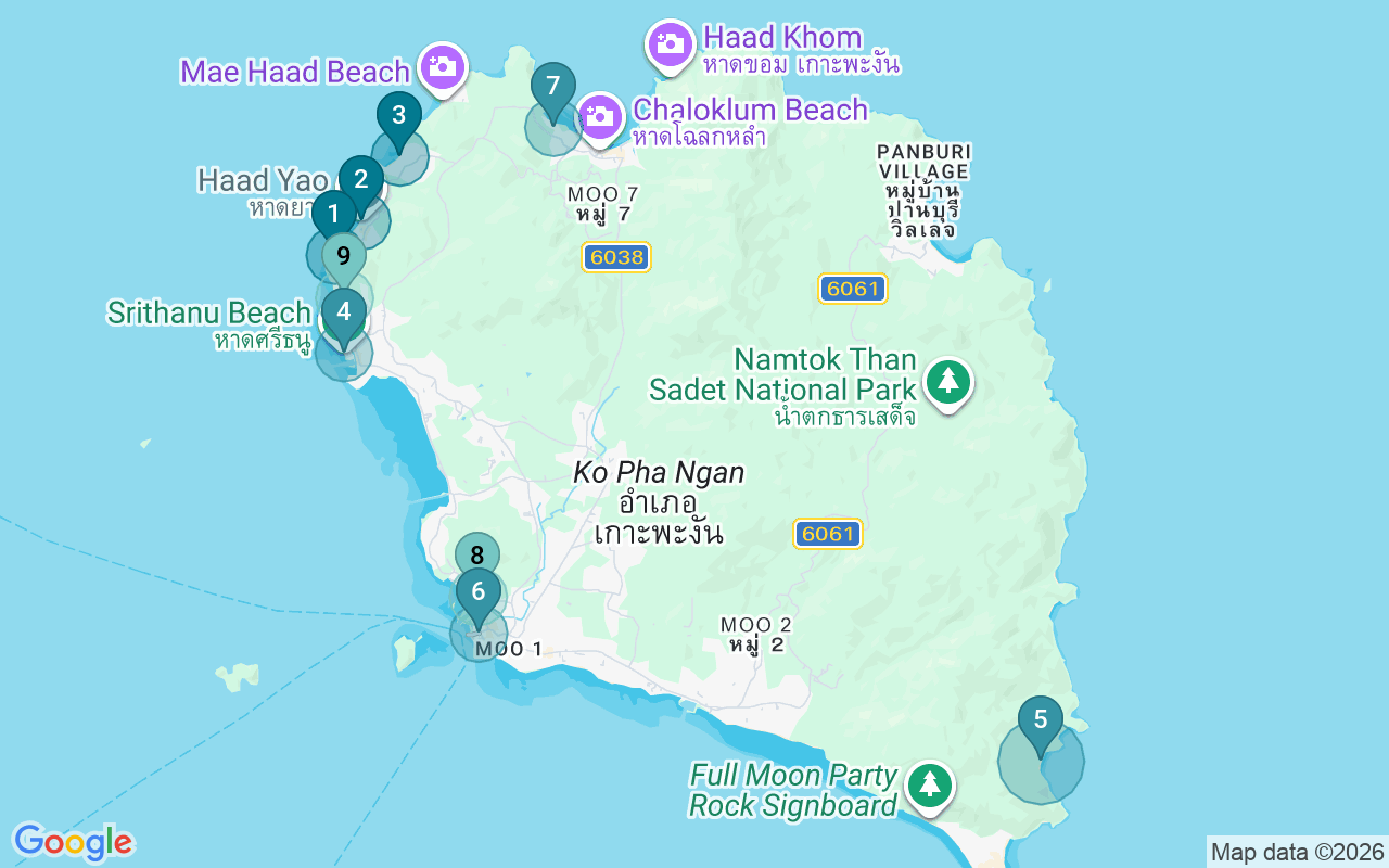 Map of Airbnb guest-review hotspots in Ko Pha Ngan with location premium circles