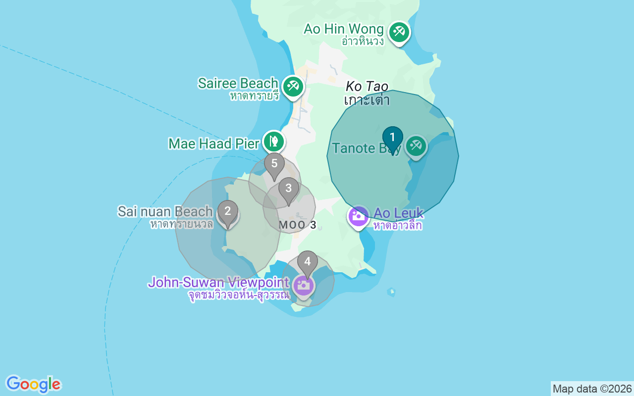 Map of Airbnb guest-review hotspots in Ko Tao with location premium circles