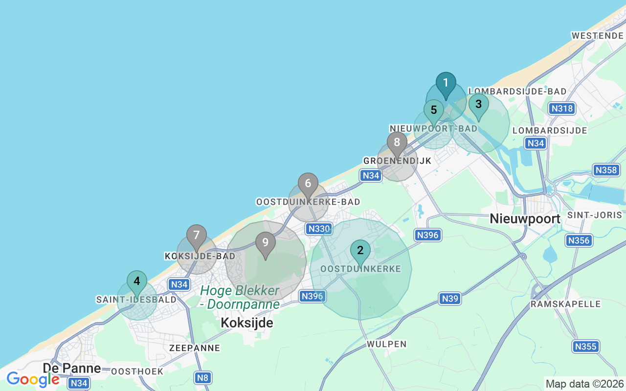 Map of Airbnb guest-review hotspots in Koksijde with location premium circles