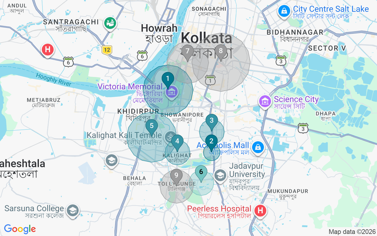 Map of Airbnb guest-review hotspots in Kolkata with location premium circles
