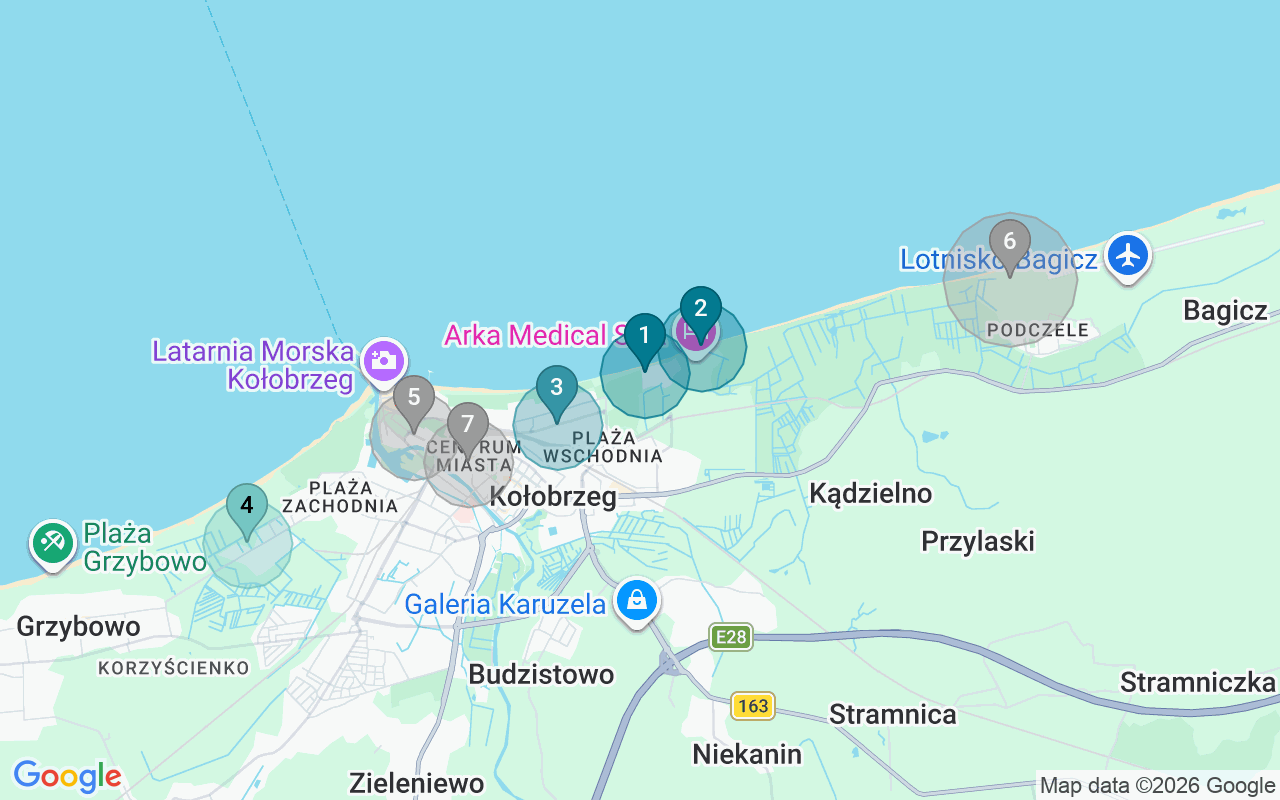Map of Airbnb guest-review hotspots in Kolobrzeg with location premium circles