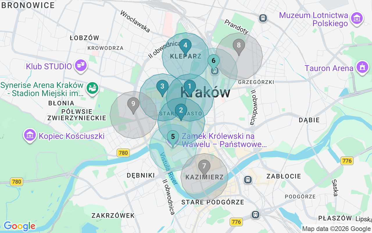 Map of Airbnb guest-review hotspots in Krakow with location premium circles