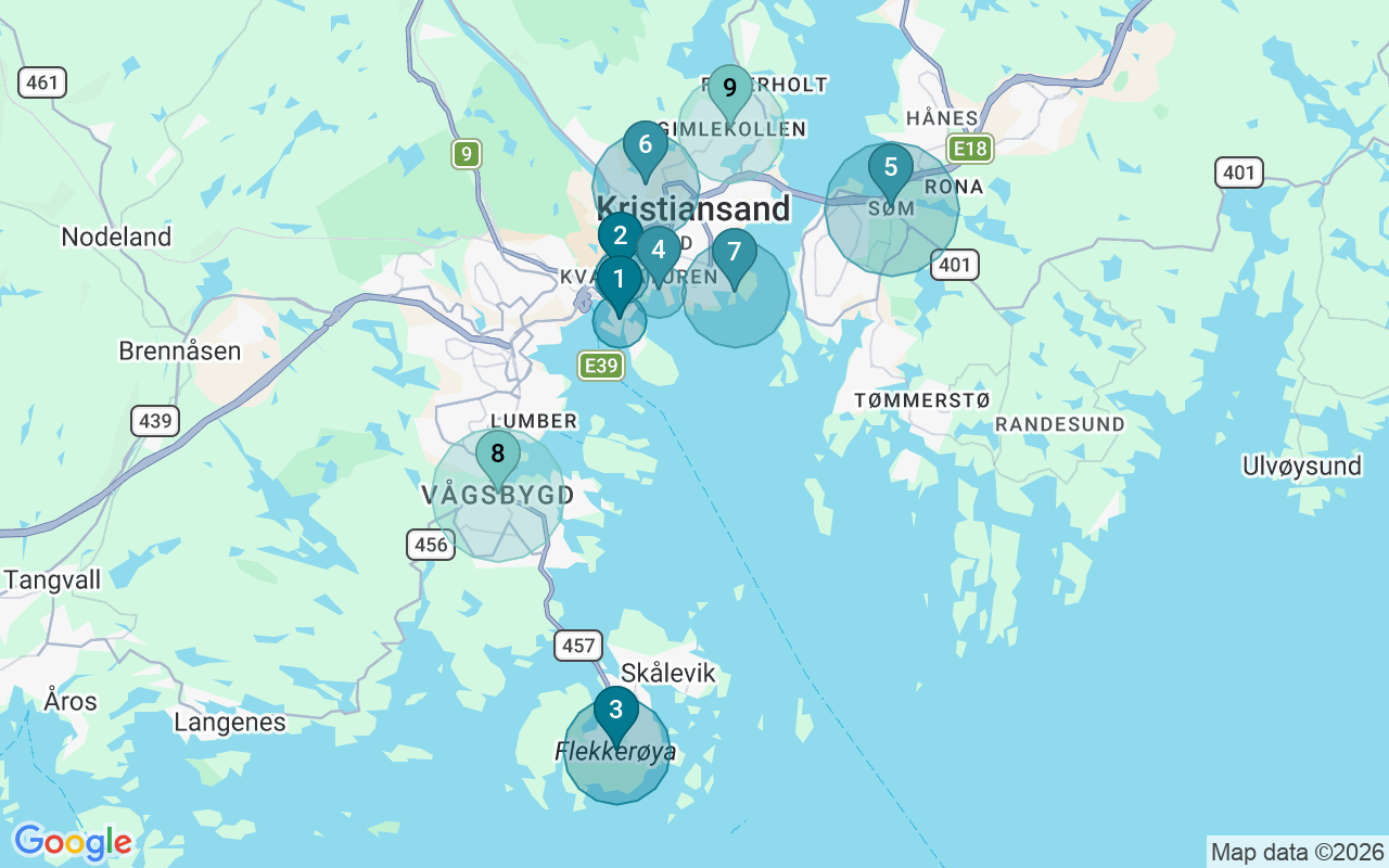 Map of Airbnb guest-review hotspots in Kristiansand with location premium circles