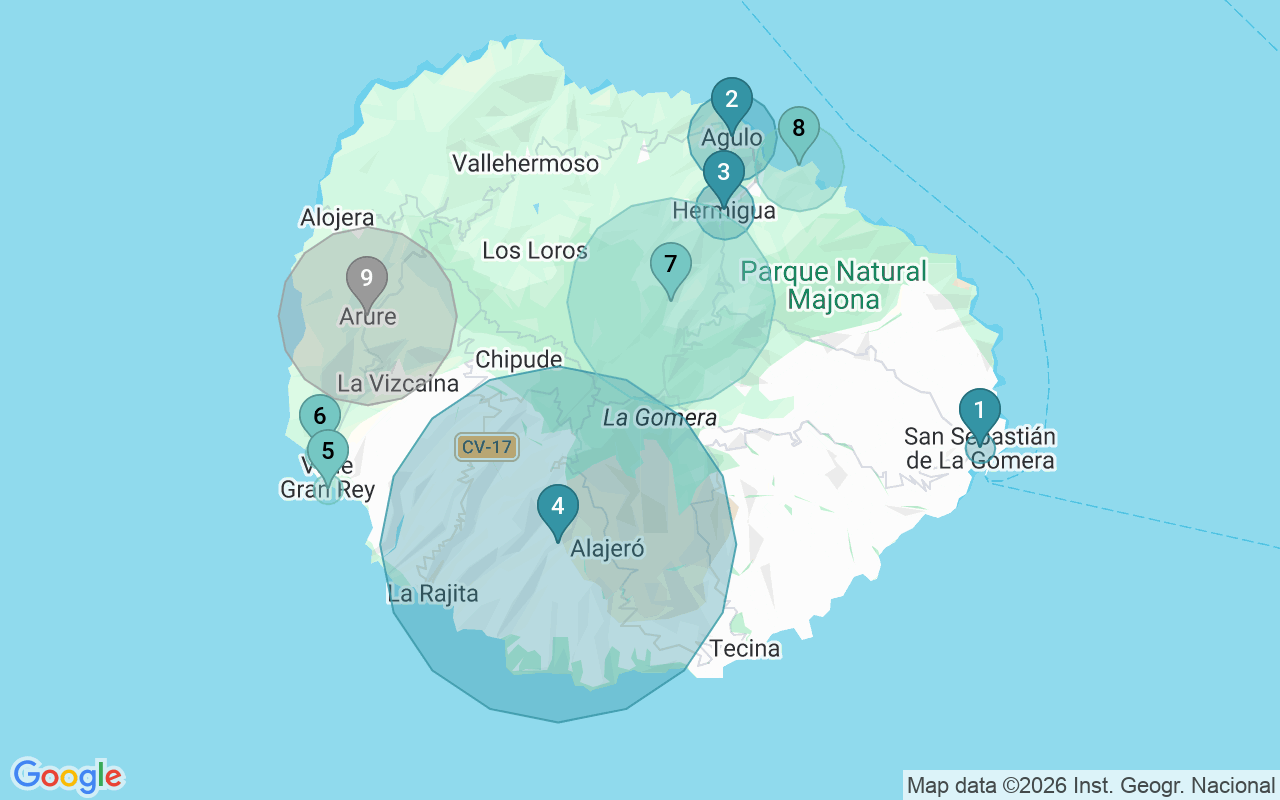 Map of Airbnb guest-review hotspots in La Gomera with location premium circles
