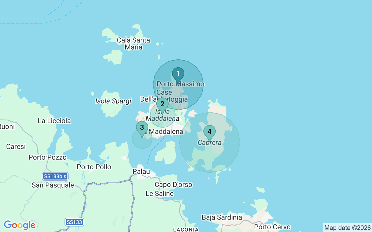 Map of Airbnb guest-review hotspots in La Maddalena with location premium circles