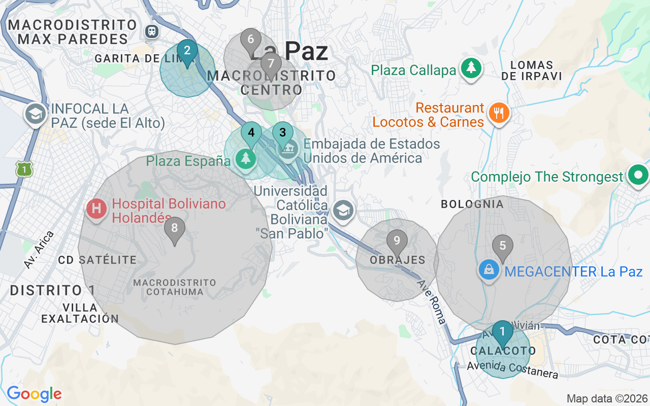 Map of Airbnb guest-review hotspots in La Paz with location premium circles