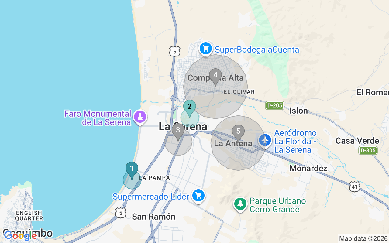 Map of Airbnb guest-review hotspots in La Serena with location premium circles