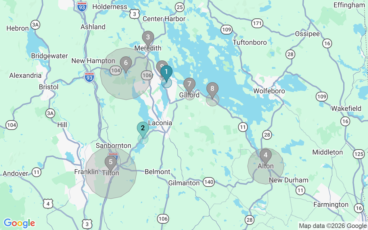 Map of Airbnb guest-review hotspots in Laconia with location premium circles