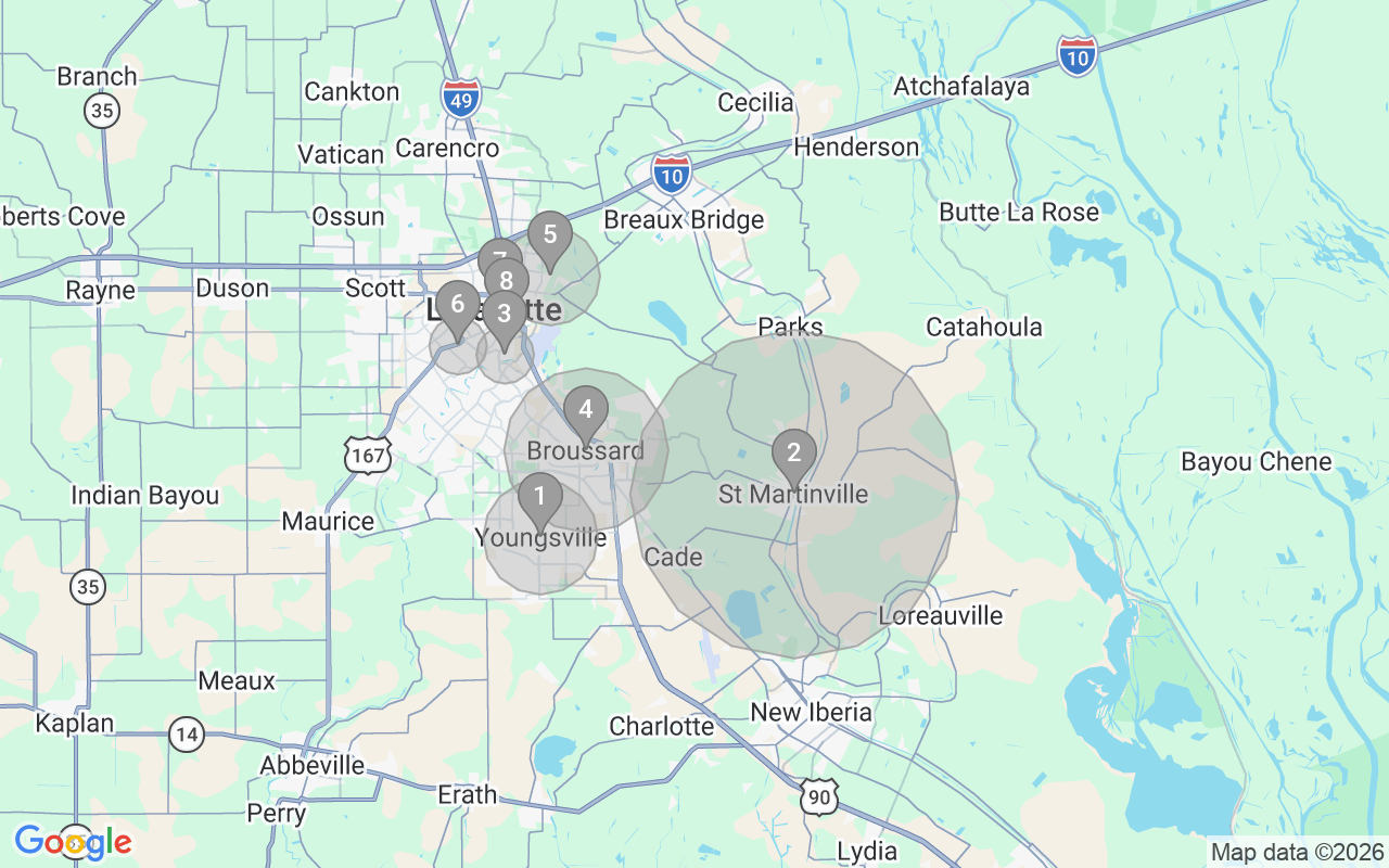 Map of Airbnb guest-review hotspots in Lafayette with location premium circles