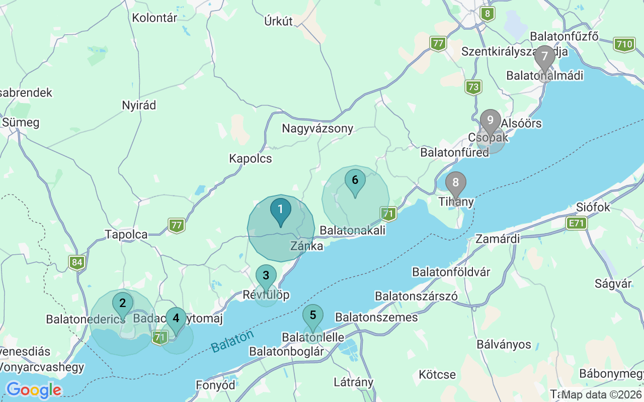 Map of Airbnb guest-review hotspots in Lake Balaton with location premium circles