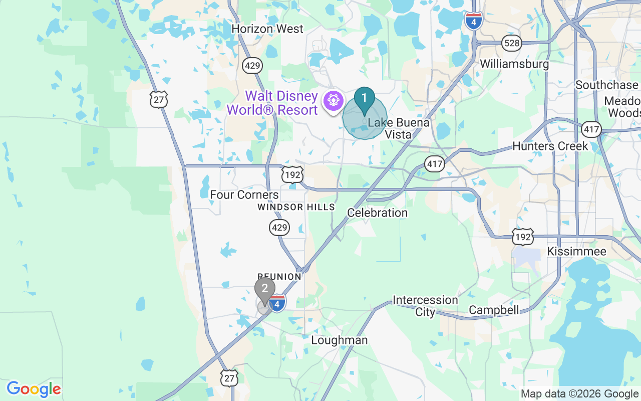 Map of Airbnb guest-review hotspots in Lake Buena Vista with location premium circles