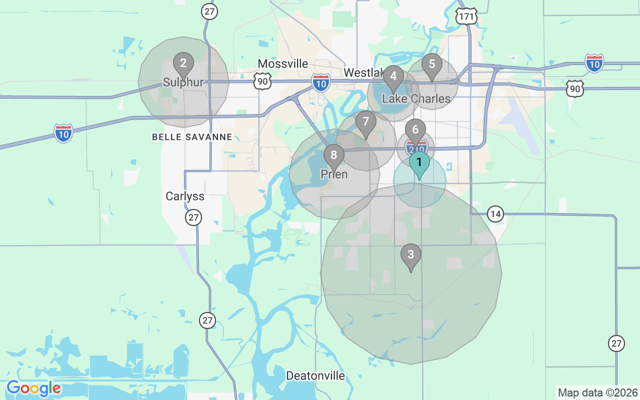 Map of Airbnb guest-review hotspots in Lake Charles with location premium circles