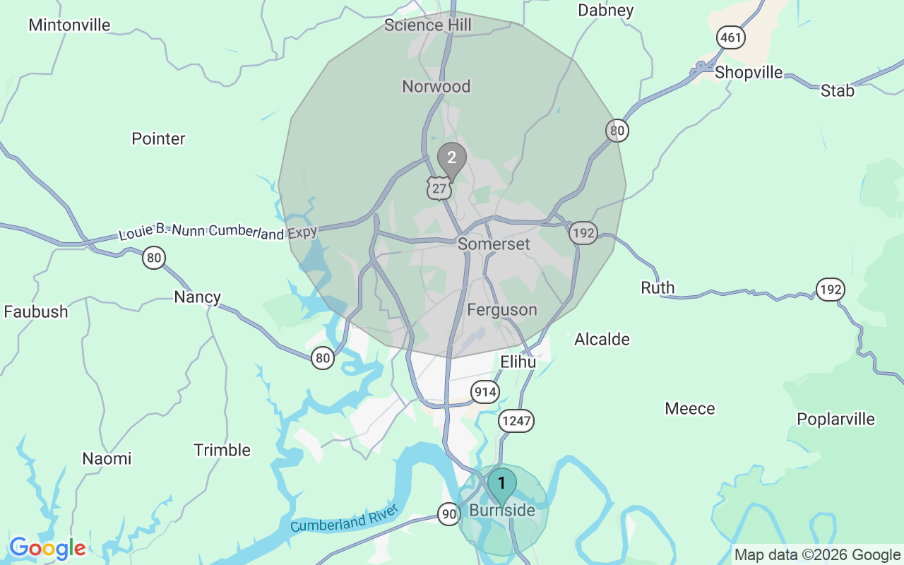 Map of Airbnb guest-review hotspots in Lake cumberland with location premium circles