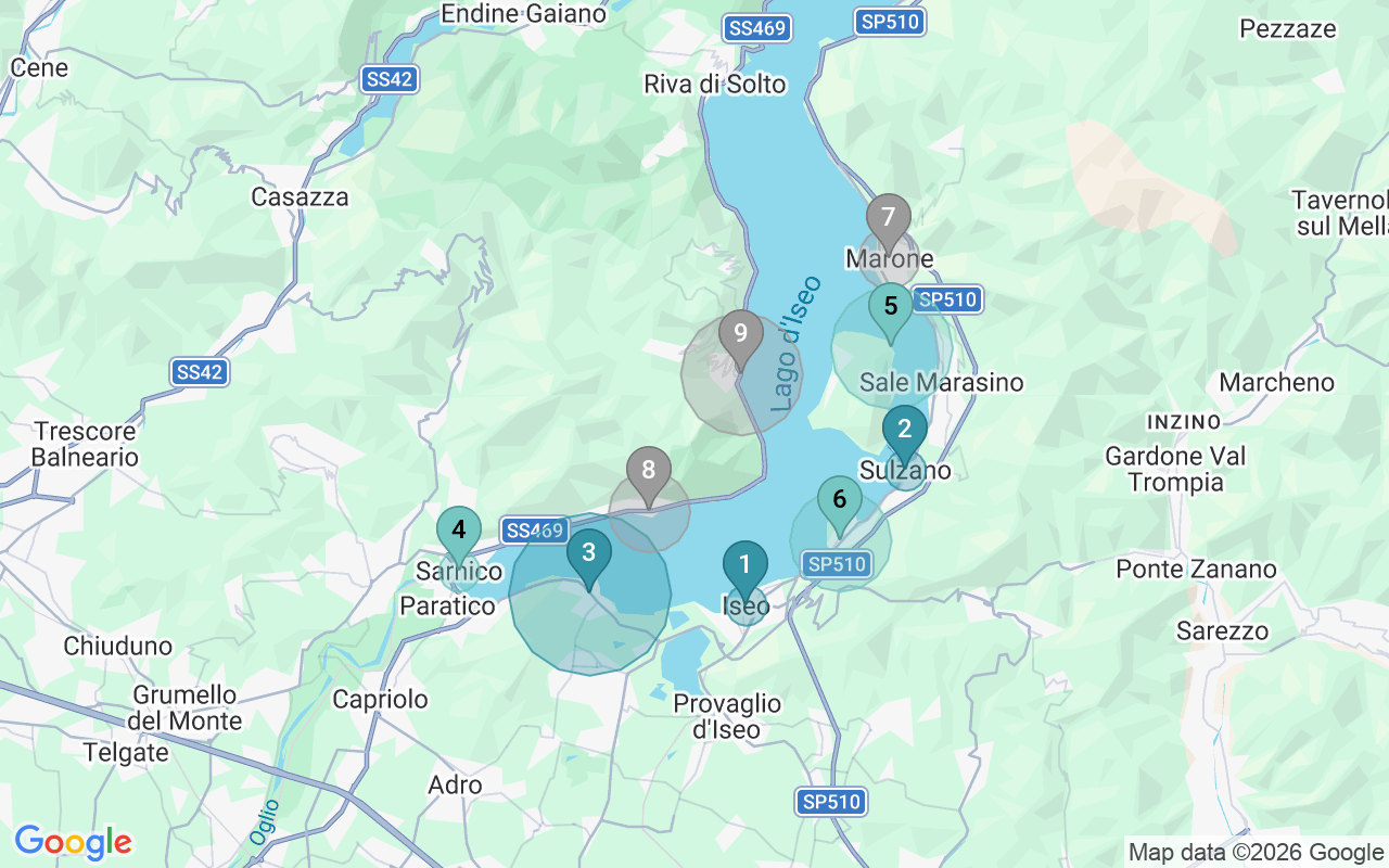 Map of Airbnb guest-review hotspots in Lake Iseo with location premium circles