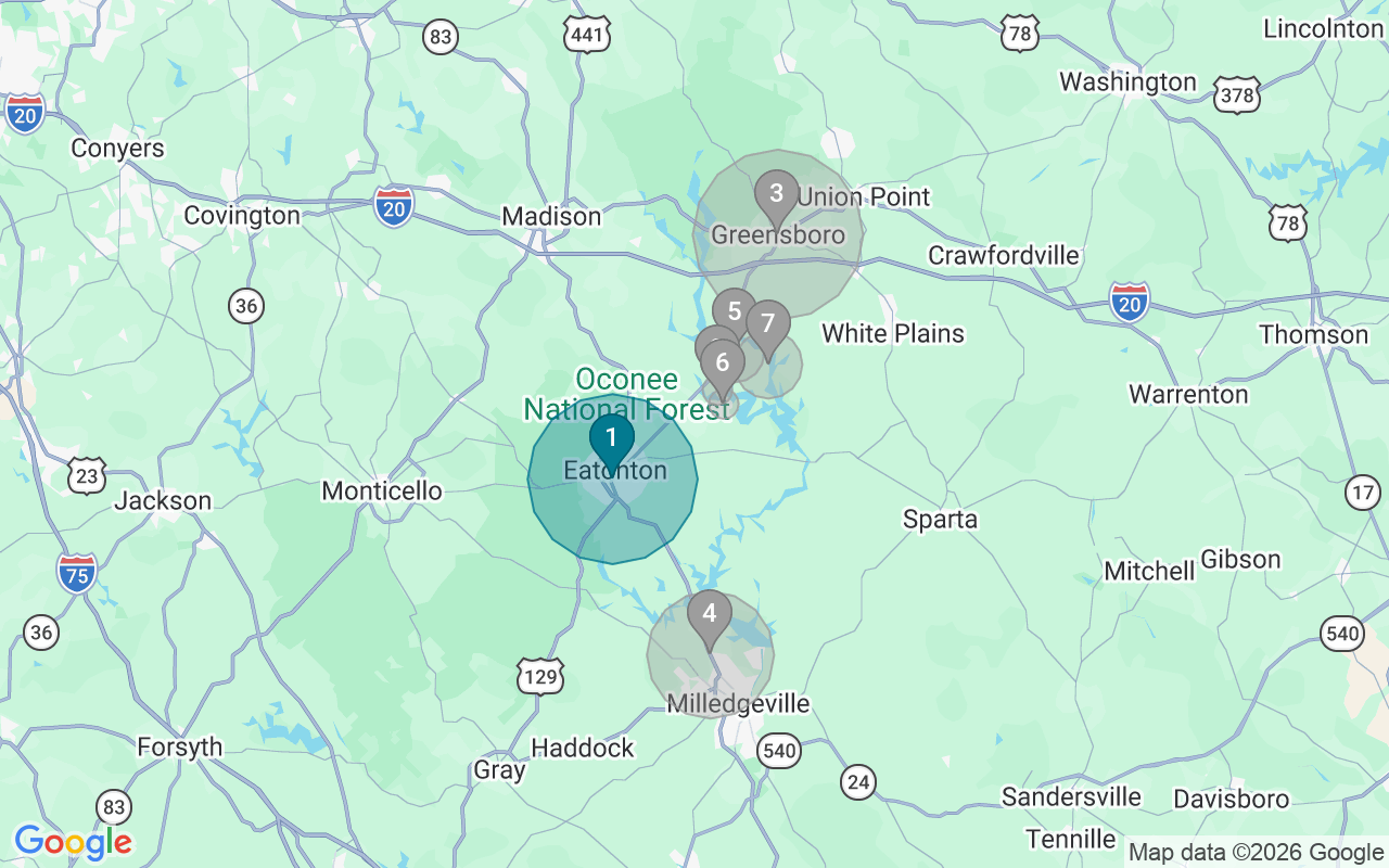 Map of Airbnb guest-review hotspots in Lake Oconee with location premium circles