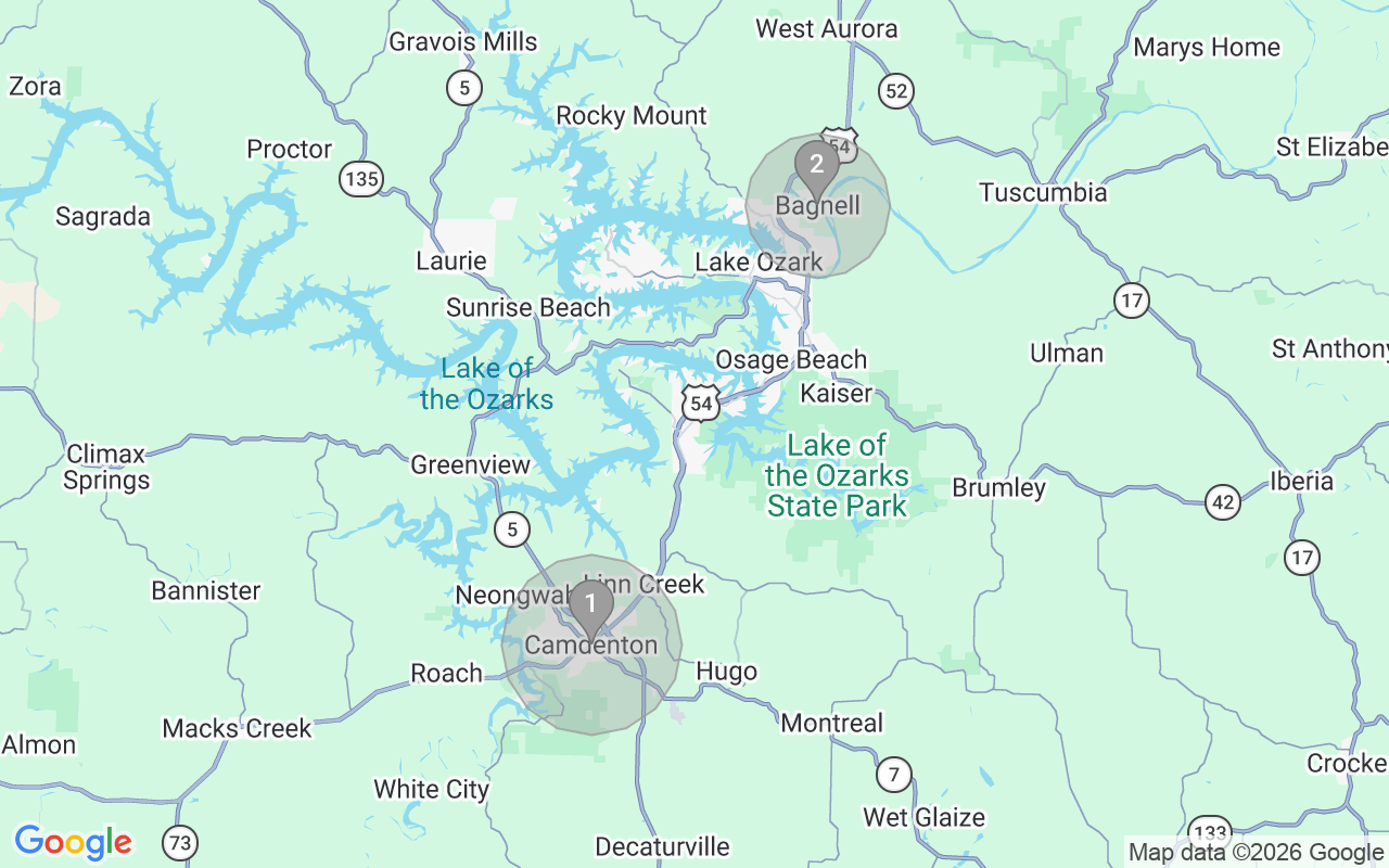 Map of Airbnb guest-review hotspots in Lake of the Ozarks with location premium circles