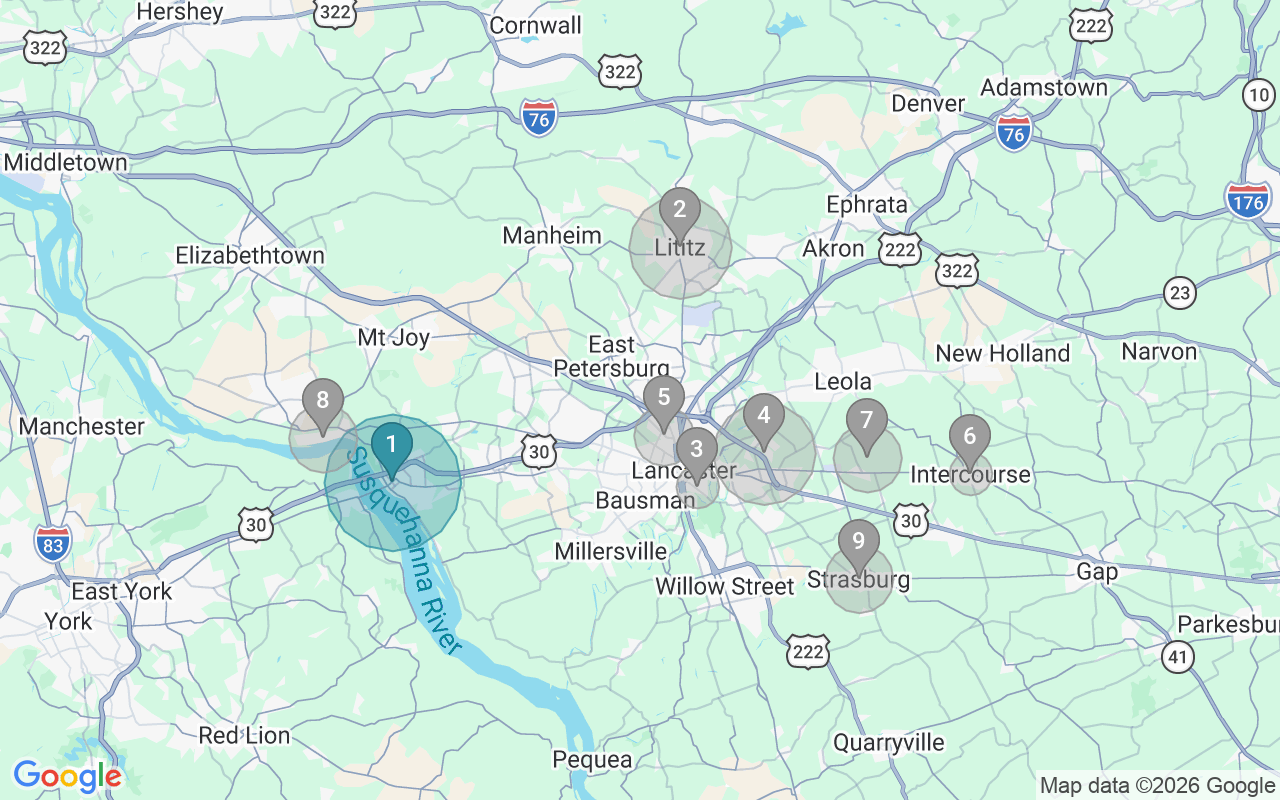 Map of Airbnb guest-review hotspots in Lancaster with location premium circles