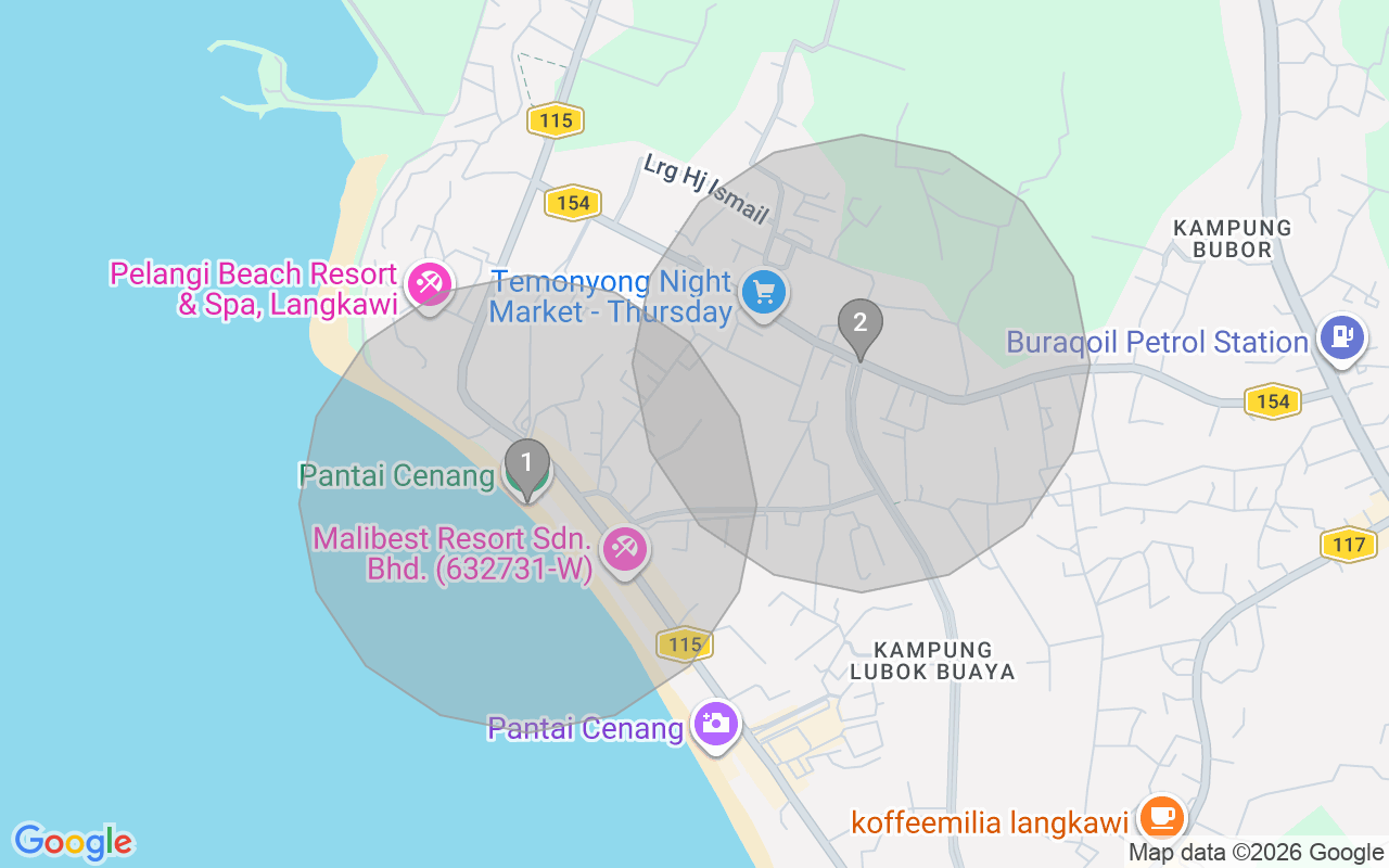 Map of Airbnb guest-review hotspots in Langkawi with location premium circles