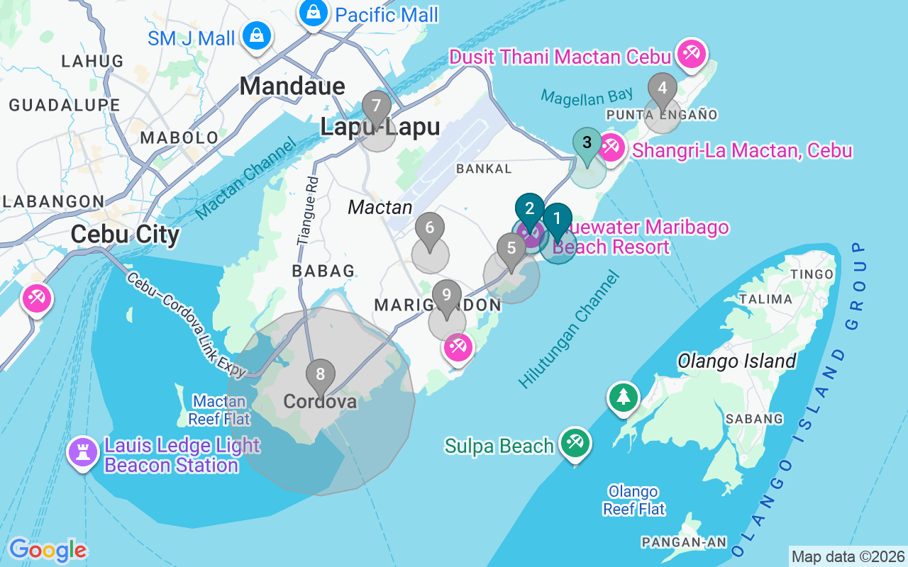 Map of Airbnb guest-review hotspots in Lapu-Lapu City with location premium circles