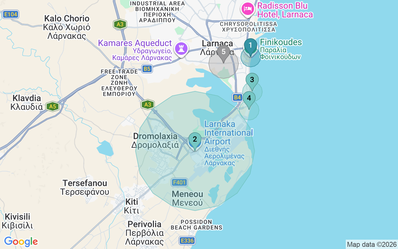 Map of Airbnb guest-review hotspots in Larnaca with location premium circles