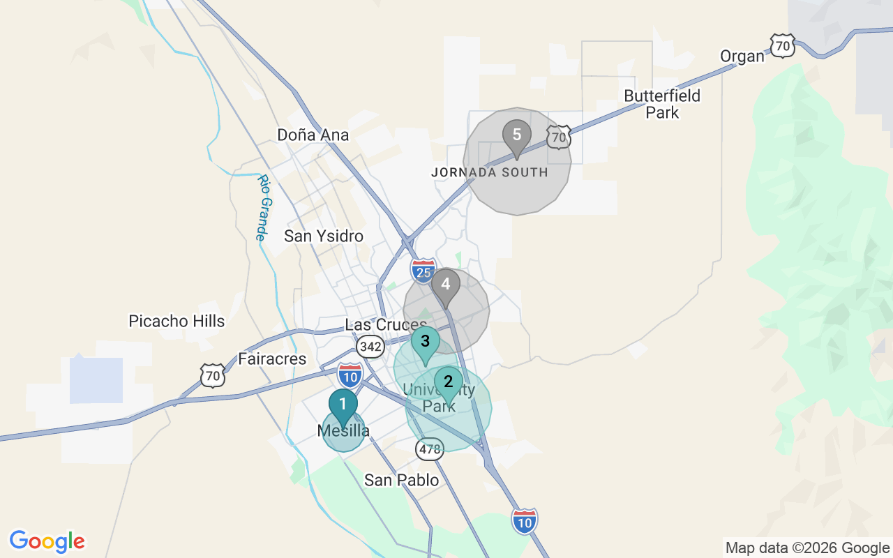 Map of Airbnb guest-review hotspots in Las Cruces with location premium circles