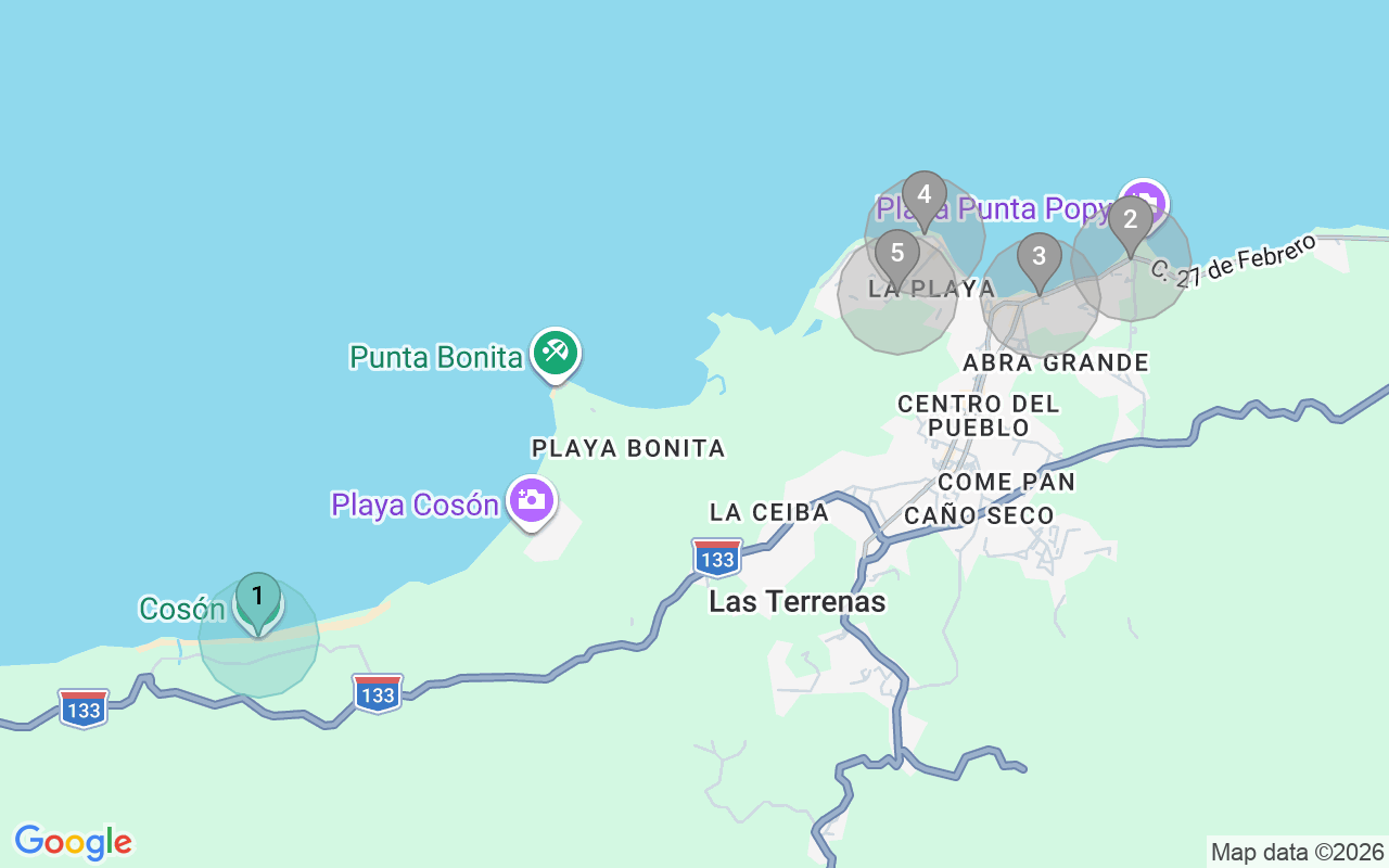 Map of Airbnb guest-review hotspots in Las Terrenas with location premium circles