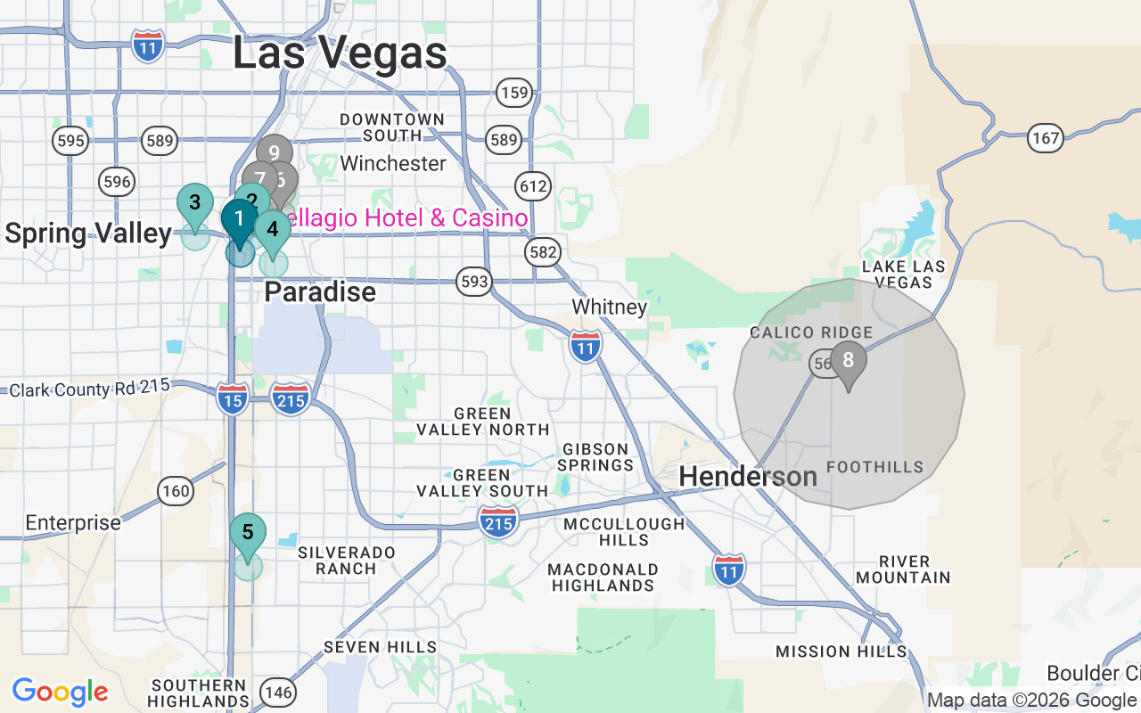 Map of Airbnb guest-review hotspots in Las Vegas with location premium circles