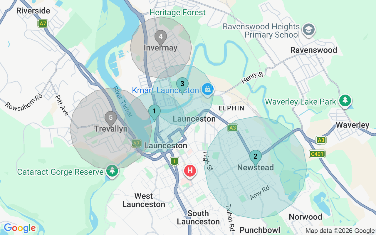 Map of Airbnb guest-review hotspots in Launceston with location premium circles