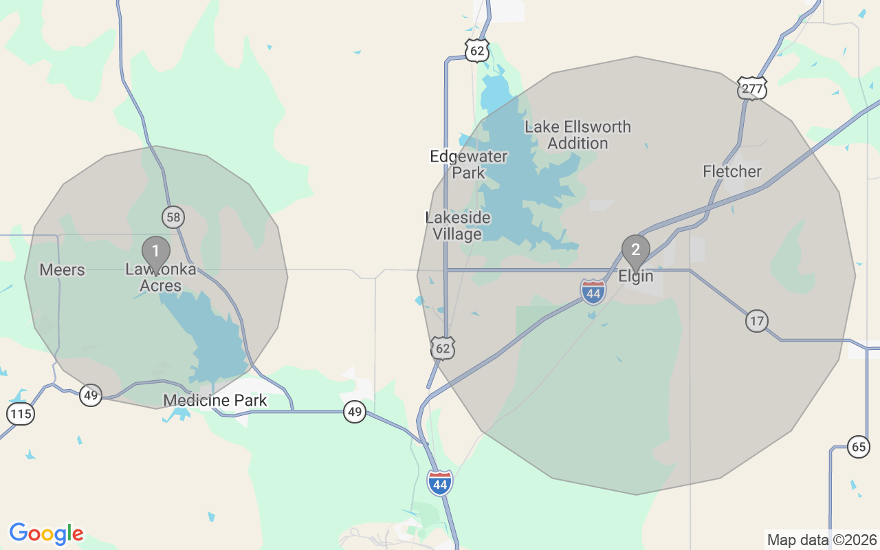 Map of Airbnb guest-review hotspots in Lawton with location premium circles