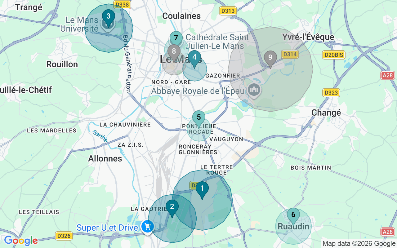 Map of Airbnb guest-review hotspots in Le Mans with location premium circles