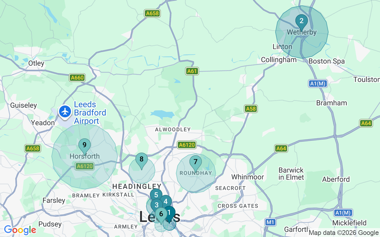 Map of Airbnb guest-review hotspots in Leeds with location premium circles