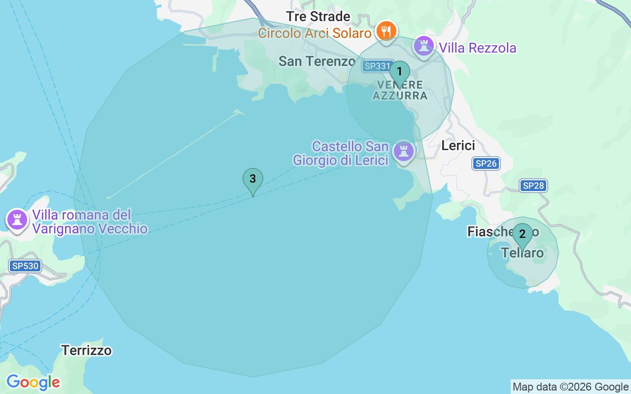 Map of Airbnb guest-review hotspots in Lerici with location premium circles