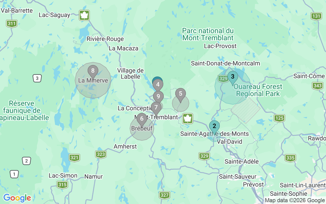 Map of Airbnb guest-review hotspots in Les Laurentides with location premium circles