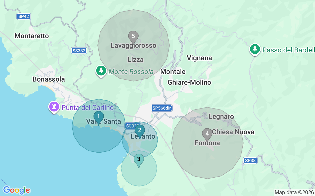 Map of Airbnb guest-review hotspots in Levanto with location premium circles