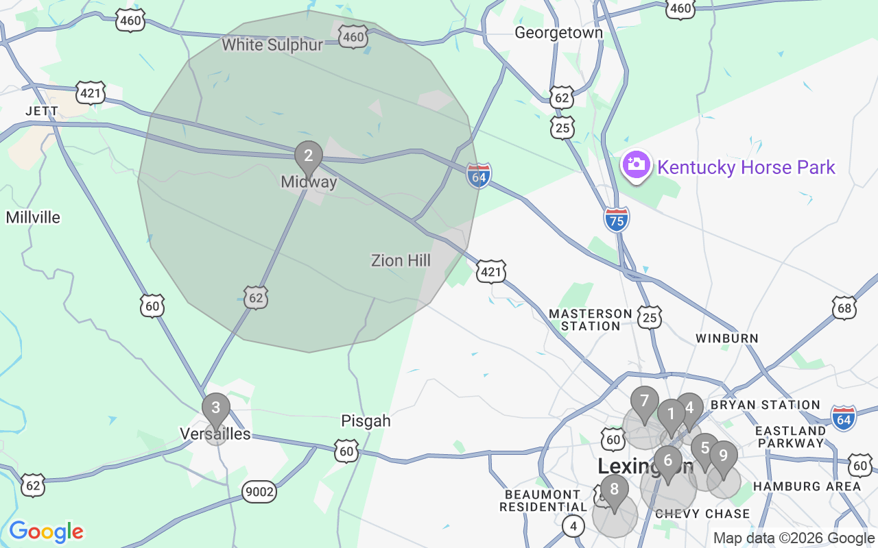 Map of Airbnb guest-review hotspots in Lexington-Fayette with location premium circles