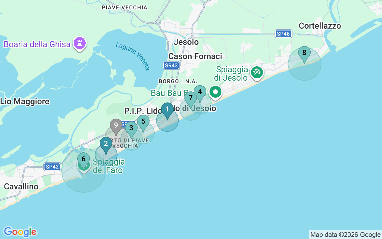 Map of Airbnb guest-review hotspots in Lido di Jesolo with location premium circles