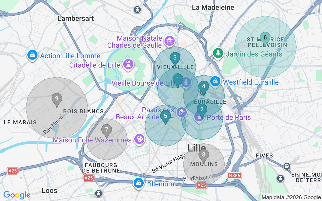 Map of Airbnb guest-review hotspots in Lille with location premium circles