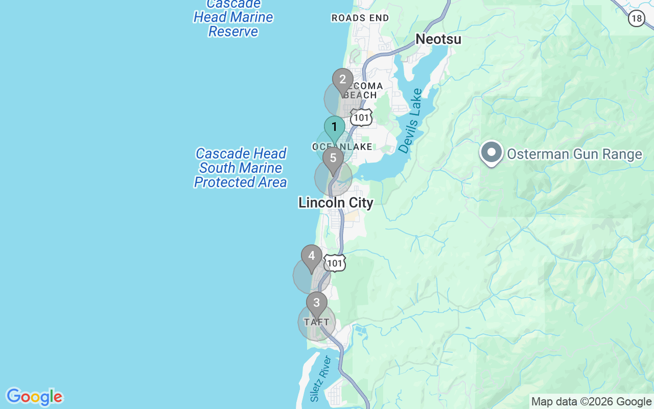 Map of Airbnb guest-review hotspots in Lincoln City with location premium circles